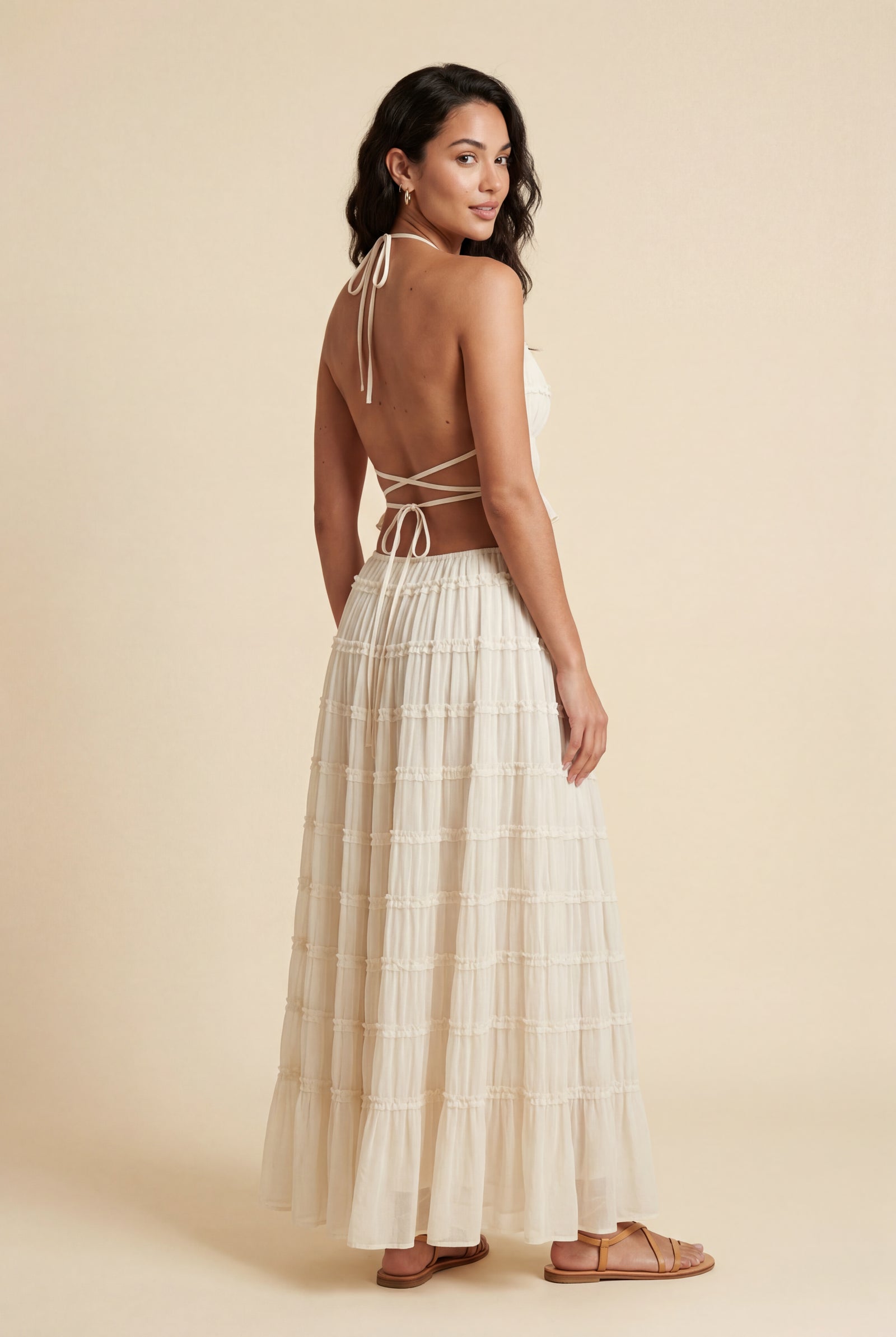 Cream Sheer Tiered Halter Maxi Skirt Set with Ruched Crop Top - Maxi dress - Photo 3