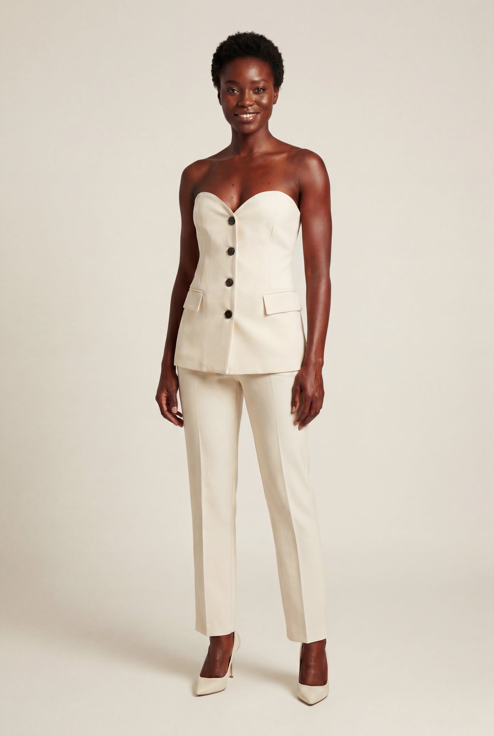 Cream Strapless Sweetheart Neckline Tailored Evening Pantsuit - Photo 5