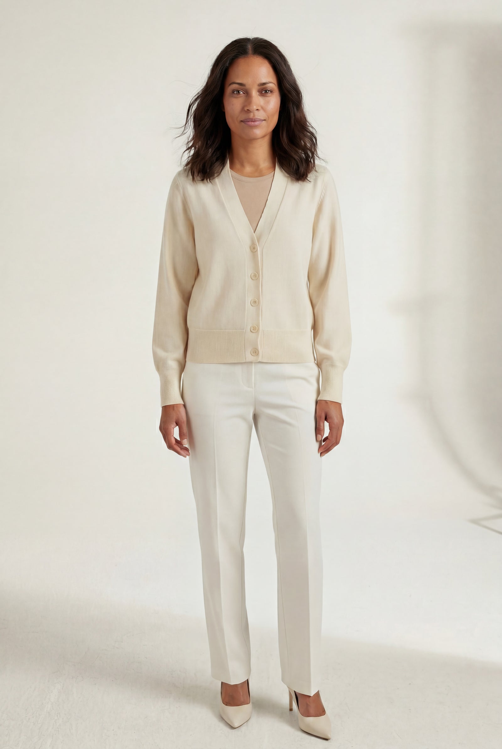 Cream V-neck Button-front Classic Cardigan Sweater - V-neck cardigan - Photo 1