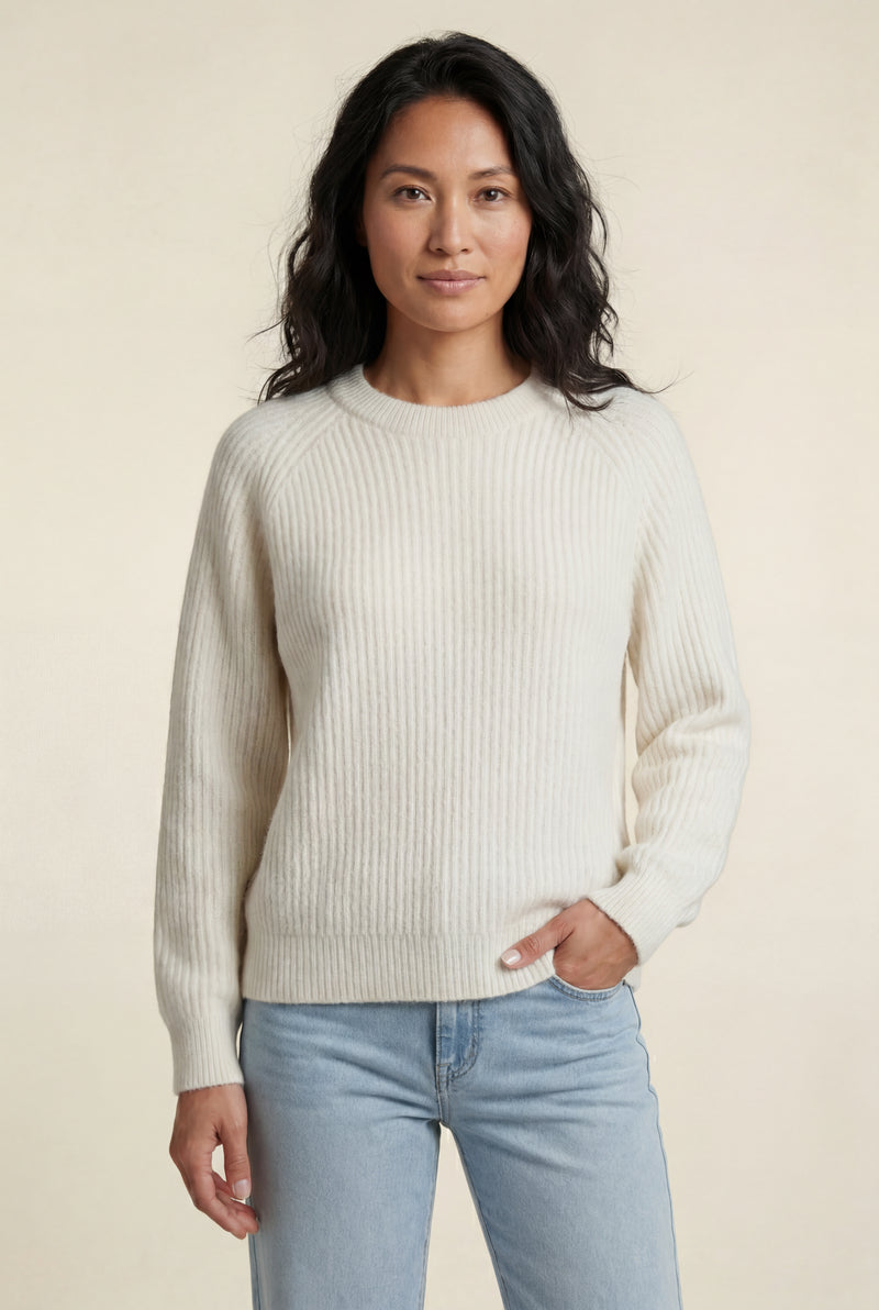 Cream Vertical Ribbed Crewneck Relaxed Fit Sweater - Knit sweater - Photo 1