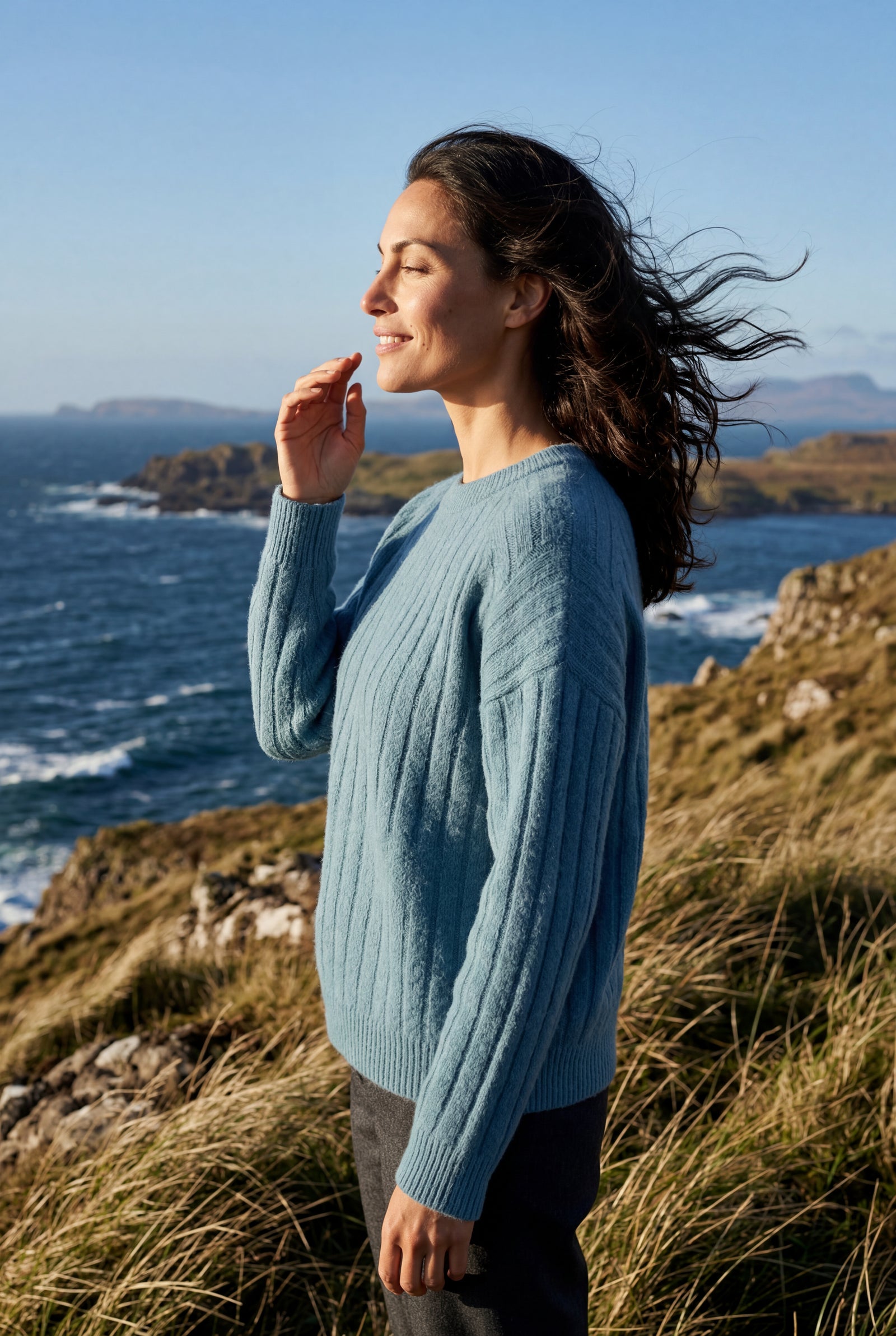 Light Blue Vertical Ribbed Crewneck Relaxed Fit Sweater - Knit sweater - Photo 10