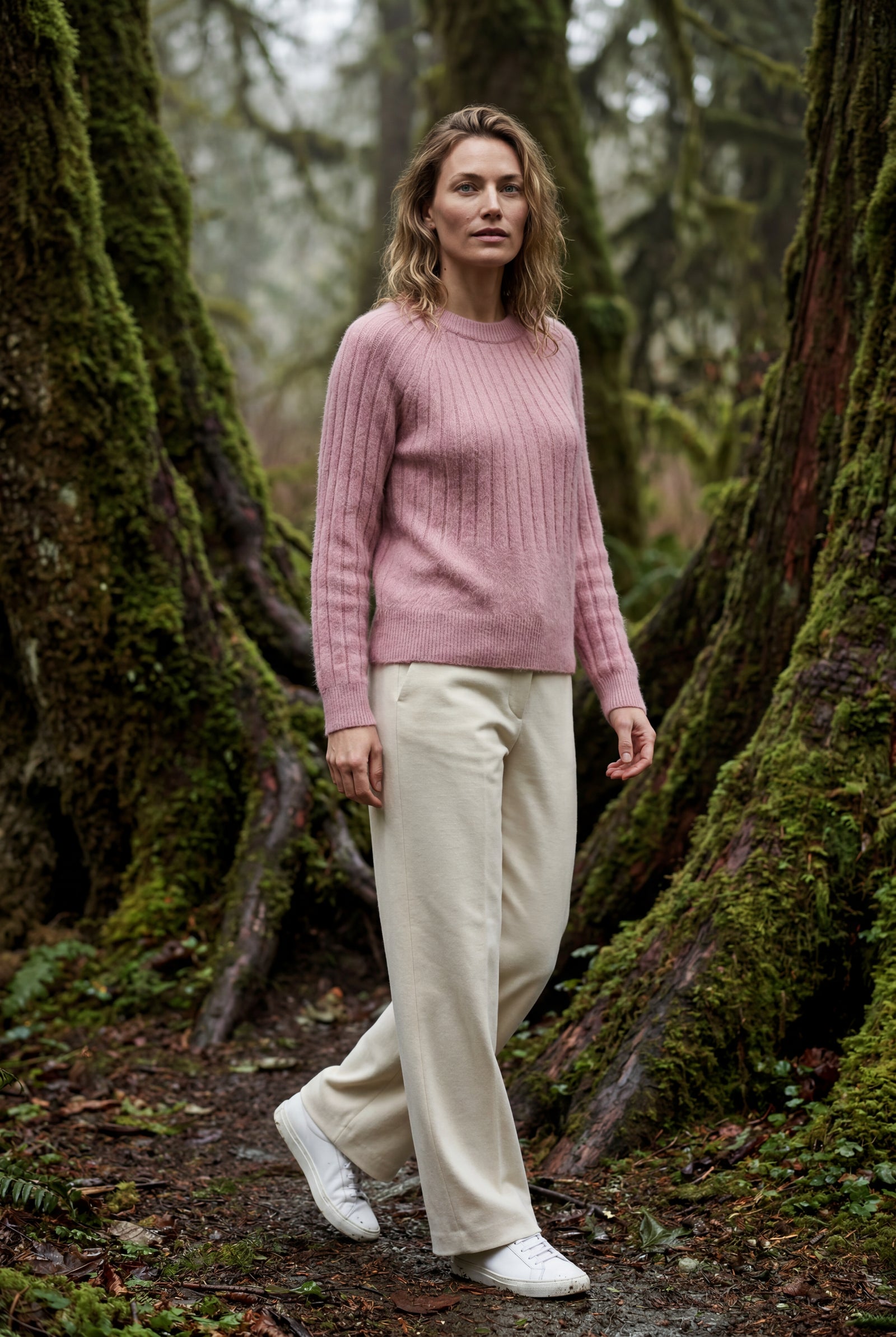 Pink Vertical Ribbed Crewneck Relaxed Fit Sweater - Knit sweater - Photo 8