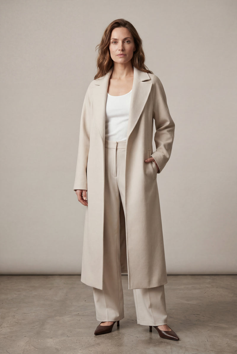 Cream Women's Longline Tailored Trench Coat with Notched Lapel - Trench coats - Photo 2