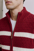 Cable Knit Zip-Front Cardigan in Crimson — studio angle