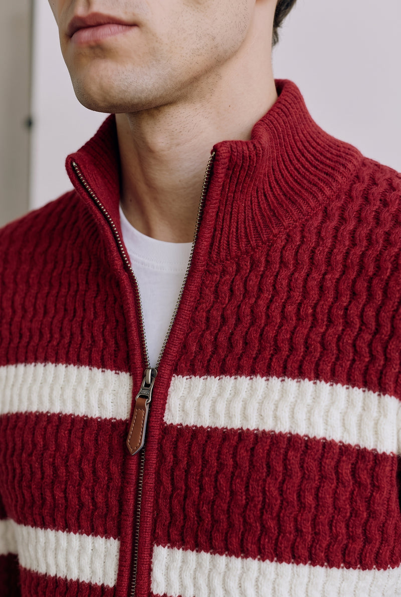 Cable Knit Zip-Front Cardigan in Crimson — studio angle