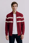 Cable Knit Zip-Front Cardigan in Crimson — studio front