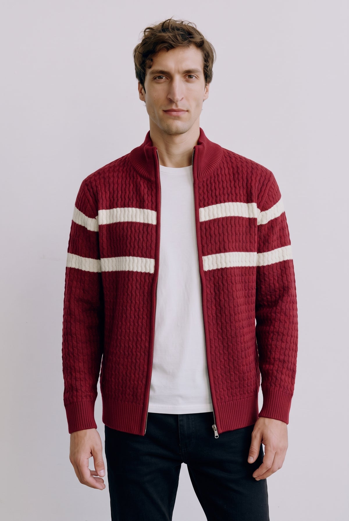 Cable Knit Zip-Front Cardigan in Crimson — studio front