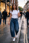Women's Jeans High Waist Barrel Leg in Dark Blue — urban evening