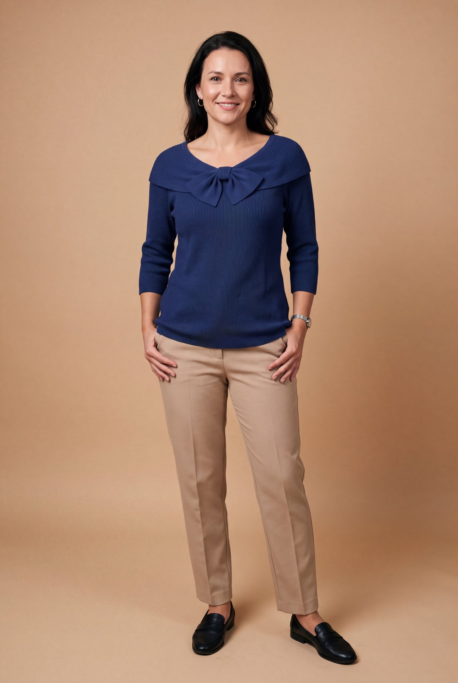 Women's Sweater Bow Detail in Dark Blue — primary studio