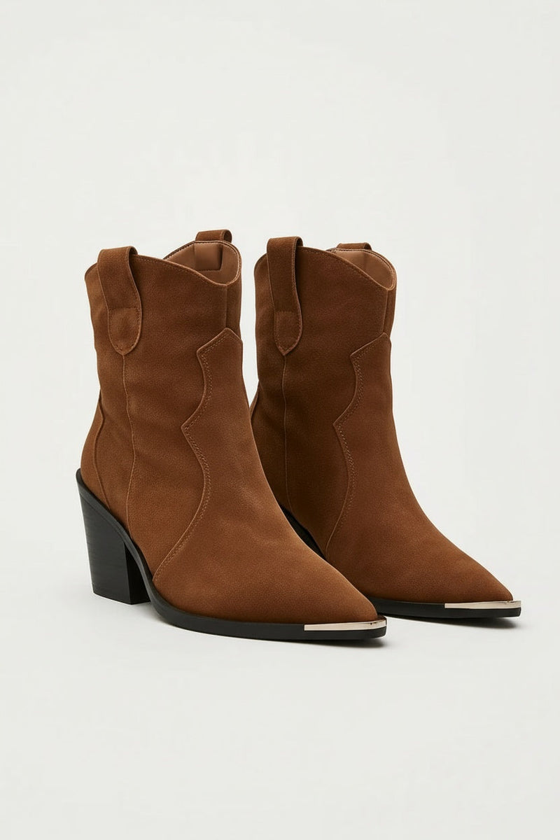 Dark Brown Camel Brown Pointed Toe Western Ankle Boots - Western boots - Photo 2