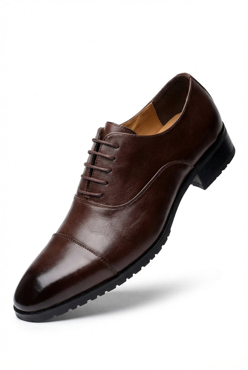 Dark Brown Cap Toe Oxford Lace-up Dress Shoes with Polished Finish - Photo 1