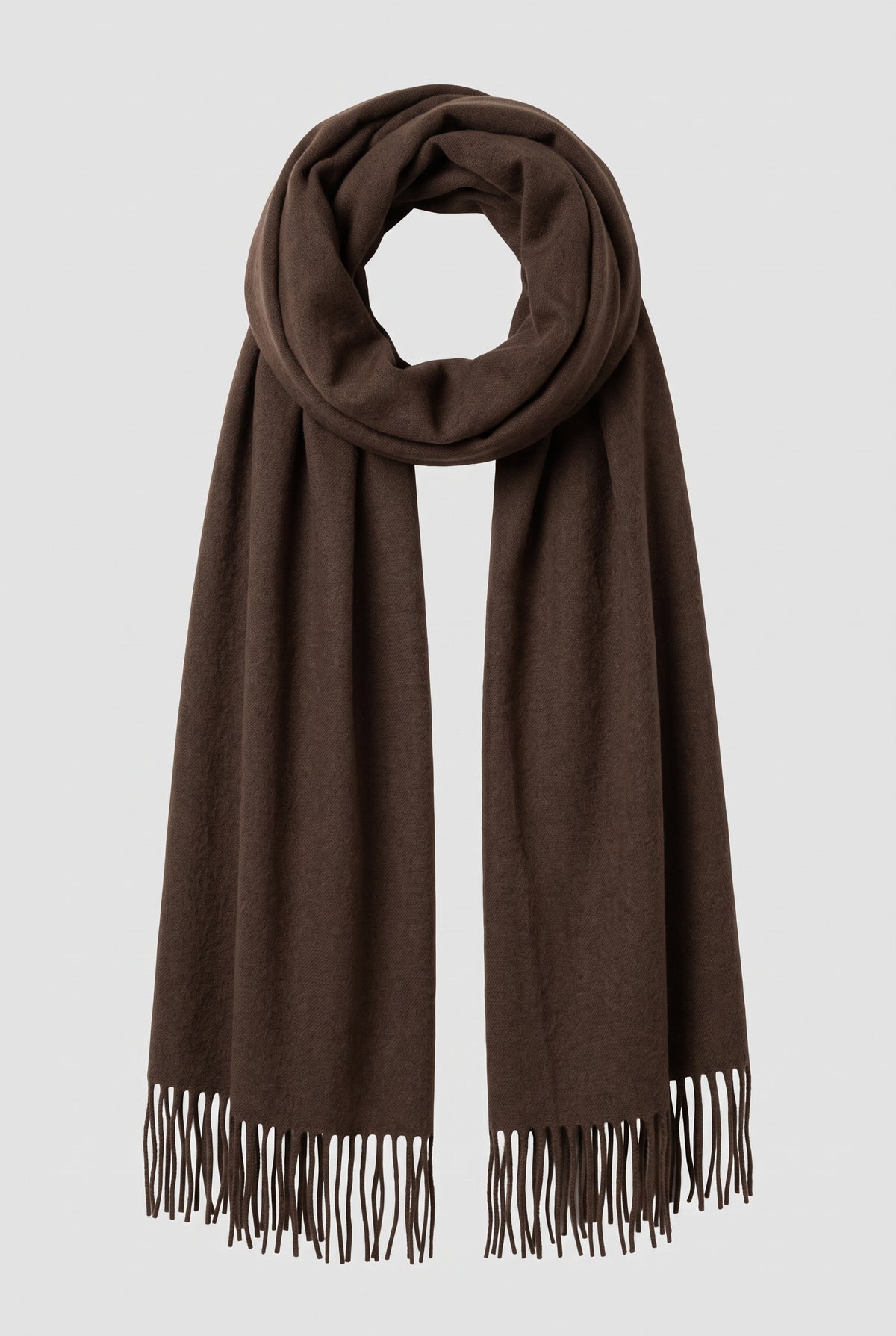 Cashmere Fringed Scarf in Dark Brown — studio front