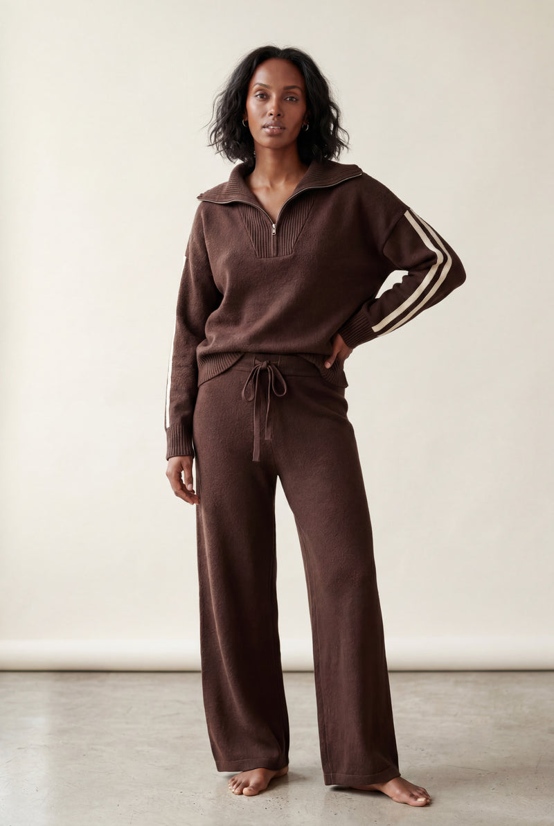 Dark Brown Chocolate Brown Zip-collar Stripe Two Piece Loungewear Set - Photo 1