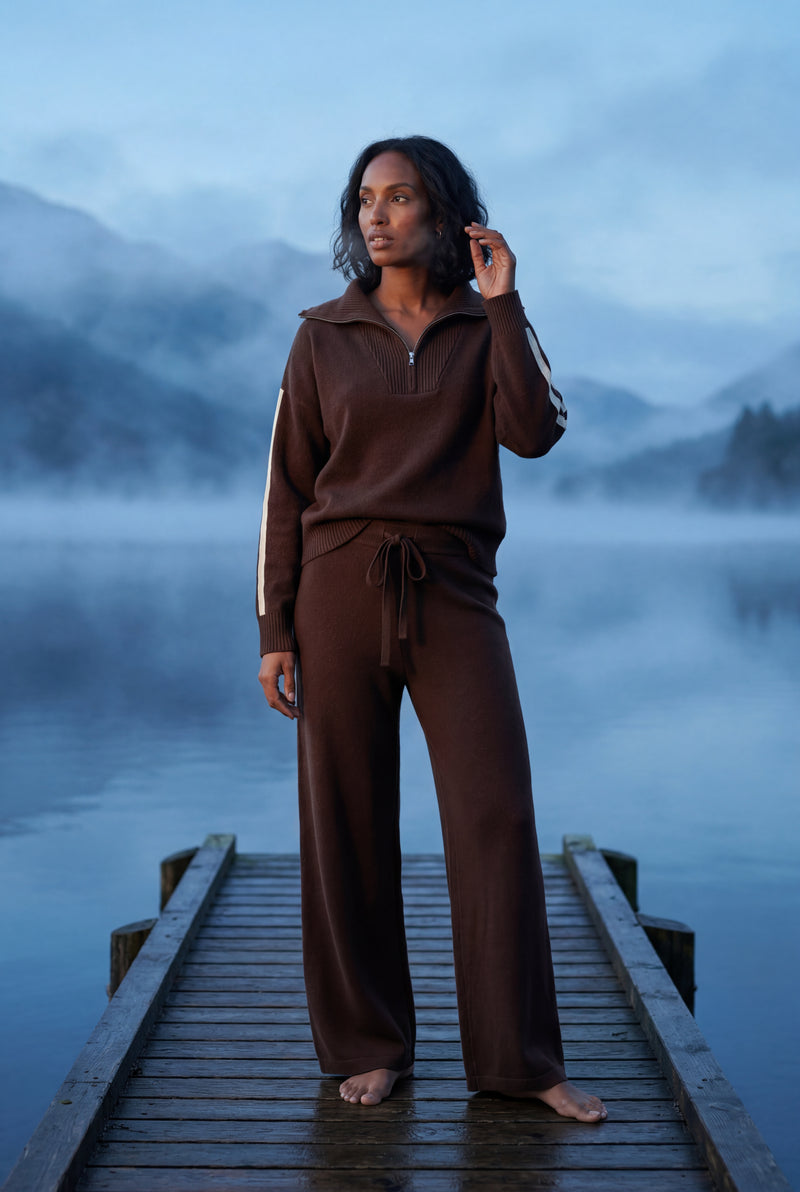 Dark Brown Chocolate Brown Zip-collar Stripe Two Piece Loungewear Set - Photo 4