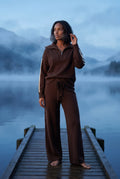 Dark Brown Chocolate Brown Zip-collar Stripe Two Piece Loungewear Set - Photo 4