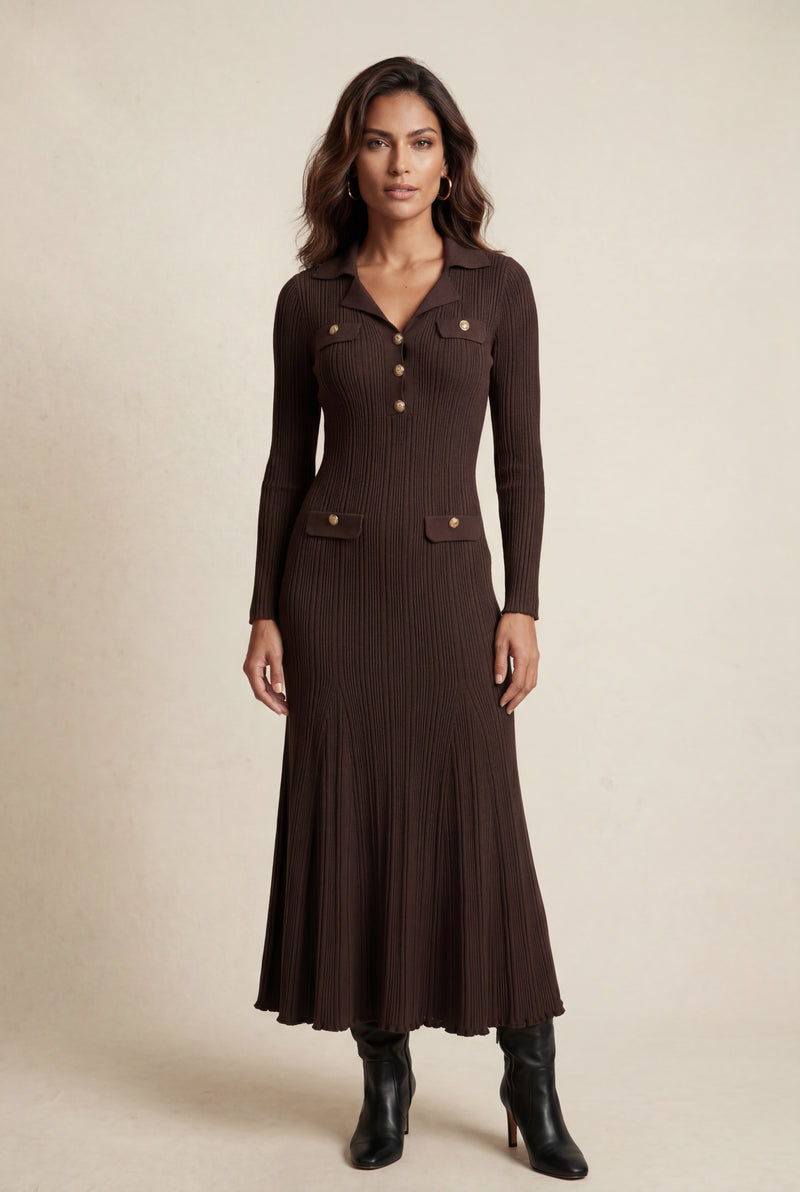 Dark Brown Chocolate Ribbed Collared Maxi Dress Gold Buttons - Maxi dresses - Photo 1