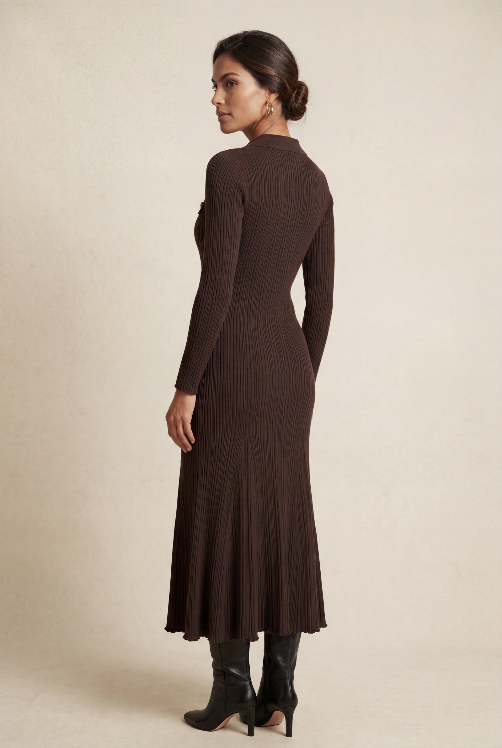 Dark Brown Chocolate Ribbed Collared Maxi Dress Gold Buttons - Maxi dresses - Photo 2