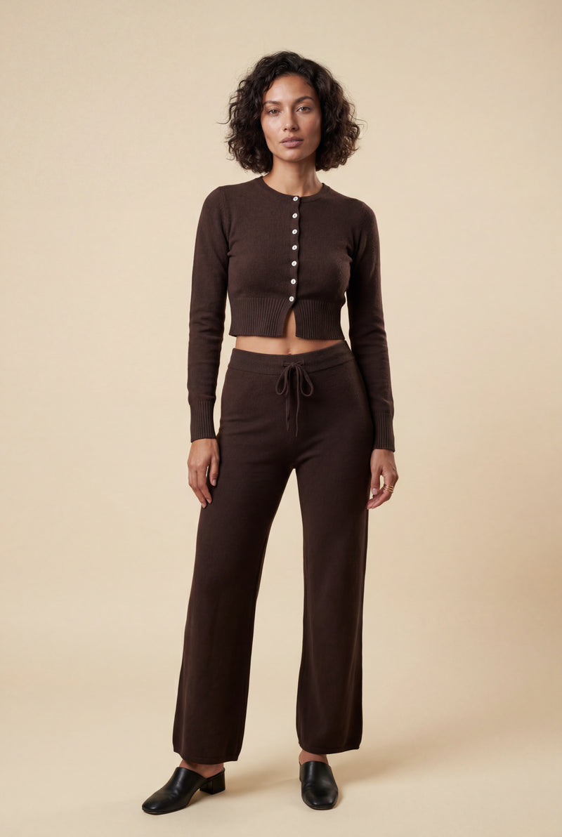 Dark Brown Cropped Cardigan and Wide-leg Pants Set - Knit set - Photo 2