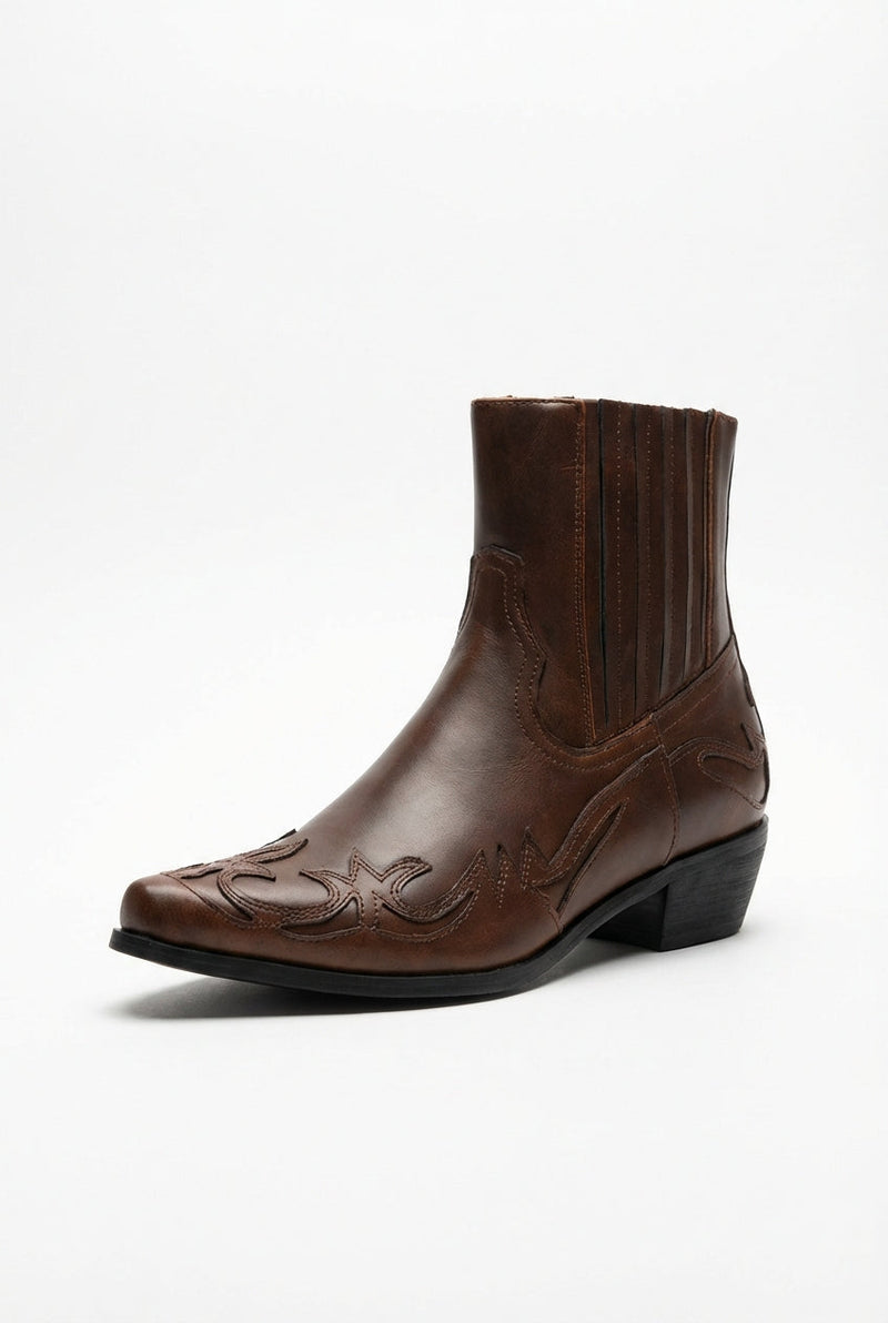 Dark Brown Embroidered Western Block Heel Ankle Boots - Photo 1