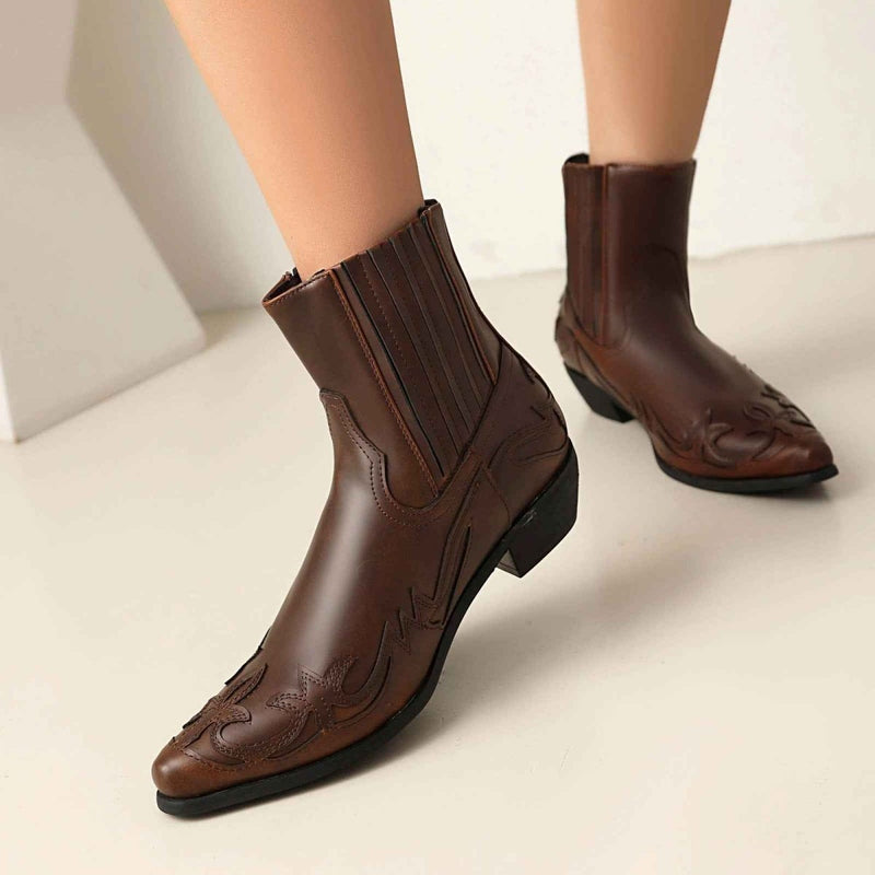 Embroidered Western Block Heel Ankle Boots - Photo 4