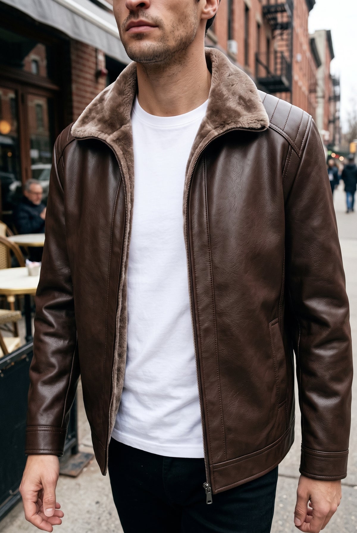 Faux Leather Bomber Jacket in Dark Brown — lifestyle