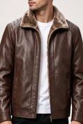 Faux Leather Bomber Jacket in Dark Brown — studio front
