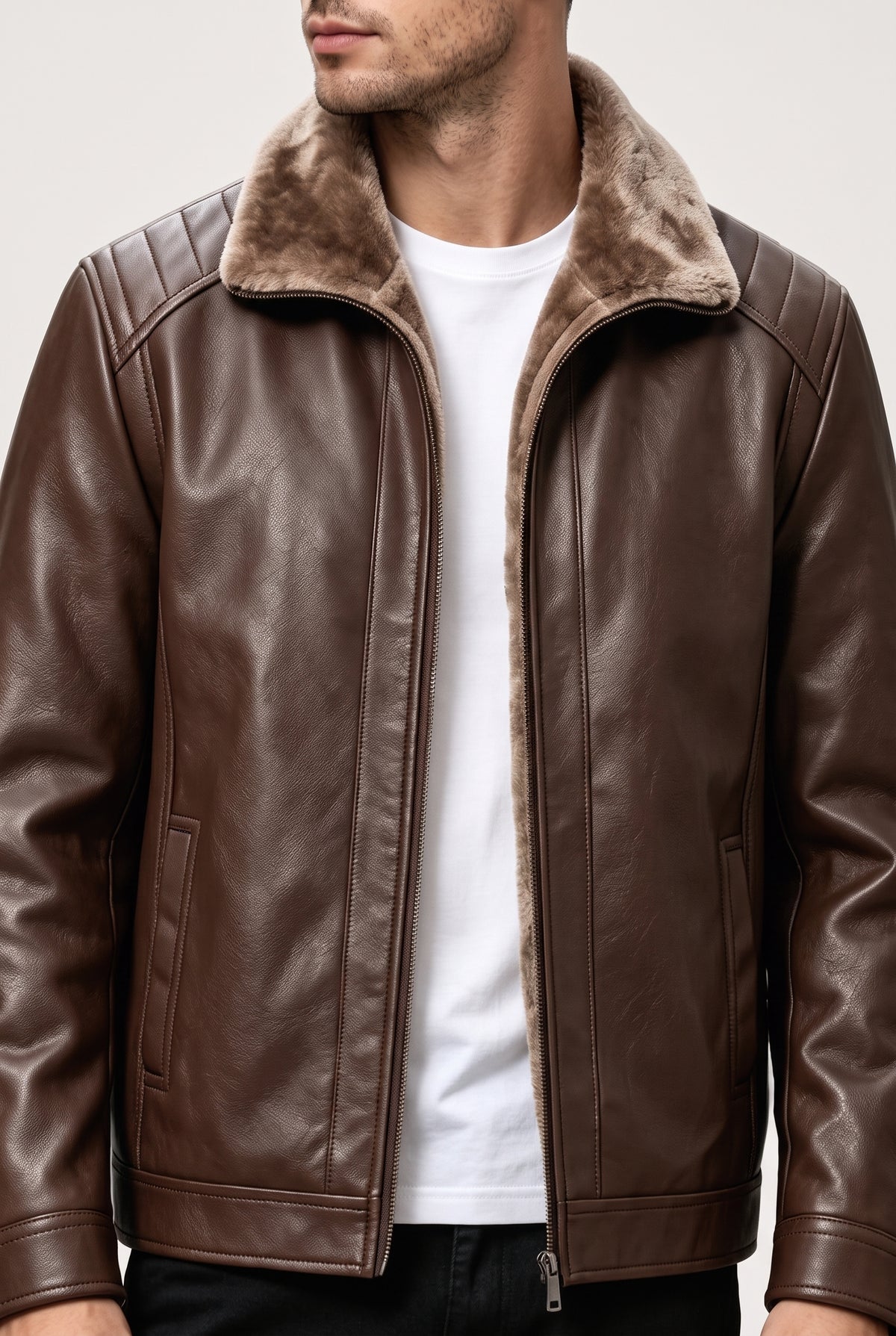 Faux Leather Bomber Jacket in Dark Brown — studio front