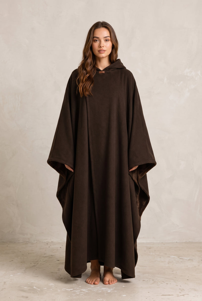 Hooded Cape with Wide Openings in Dark Brown — studio front
