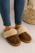 Shearling Open-Back Slippers in Dark Brown Leopard Suede — detail