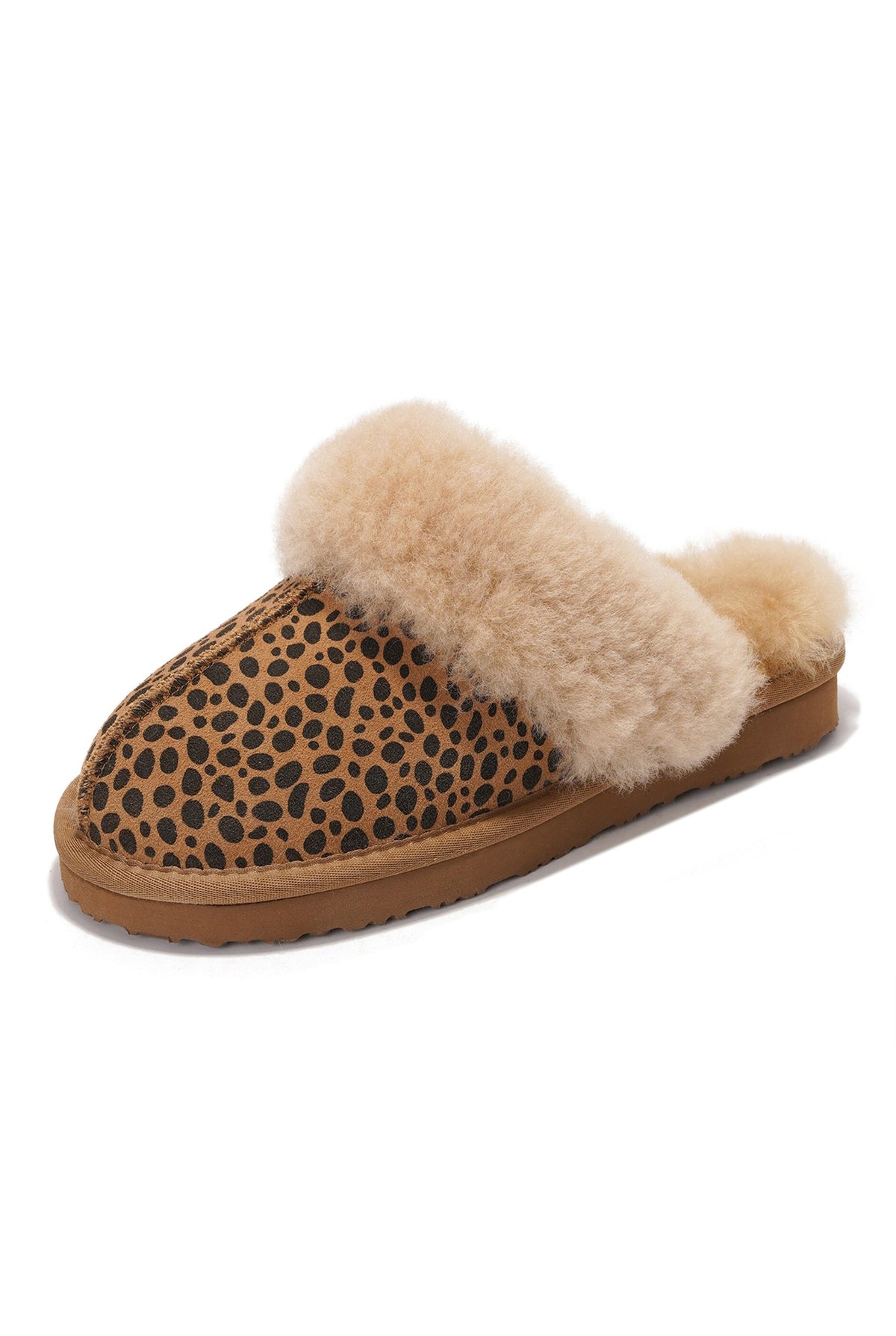Shearling Open-Back Slippers in Dark Brown Leopard Suede — front view