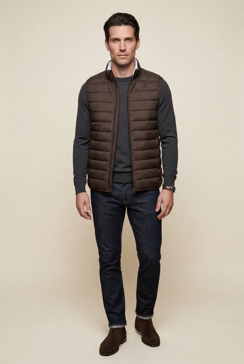 Dark Brown Lightweight High Collar Padded Vest with Slim Silhouette - Padded vests - Photo 1