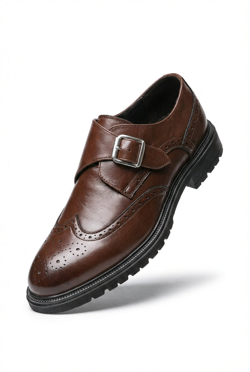 Dark Brown Monk Strap Brogue Oxford Dress Shoes with Wingtip Detail - Monk strap oxford shoes - Photo 1