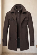 Overcoat with Knit Collar in Dark Brown — studio front
