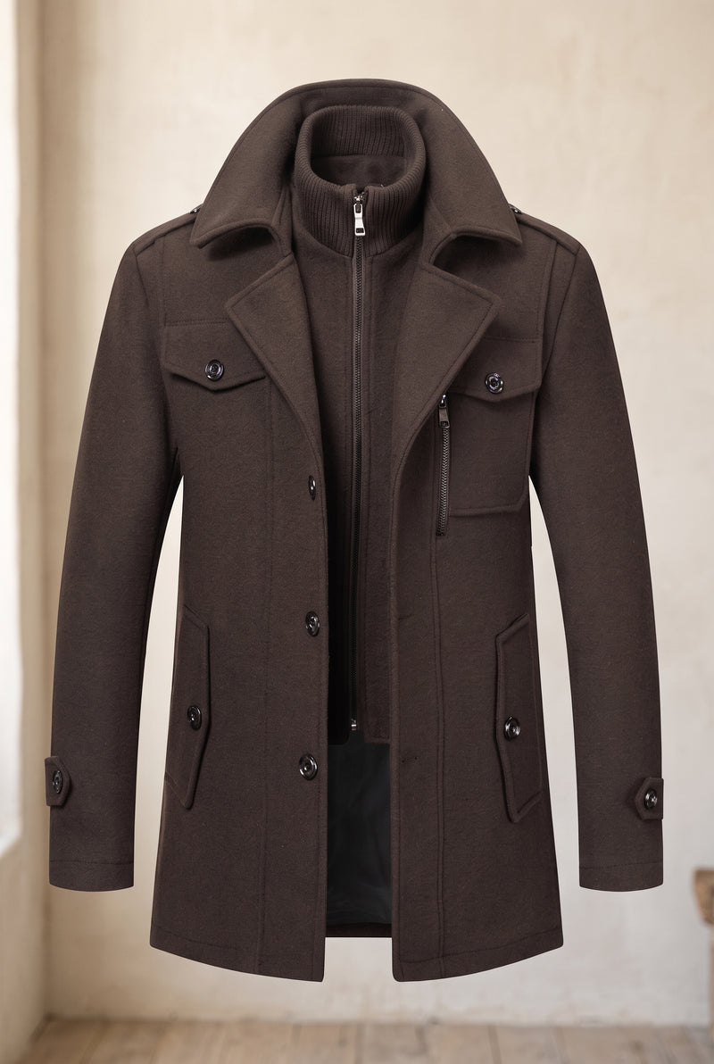 Overcoat with Knit Collar in Dark Brown — studio front