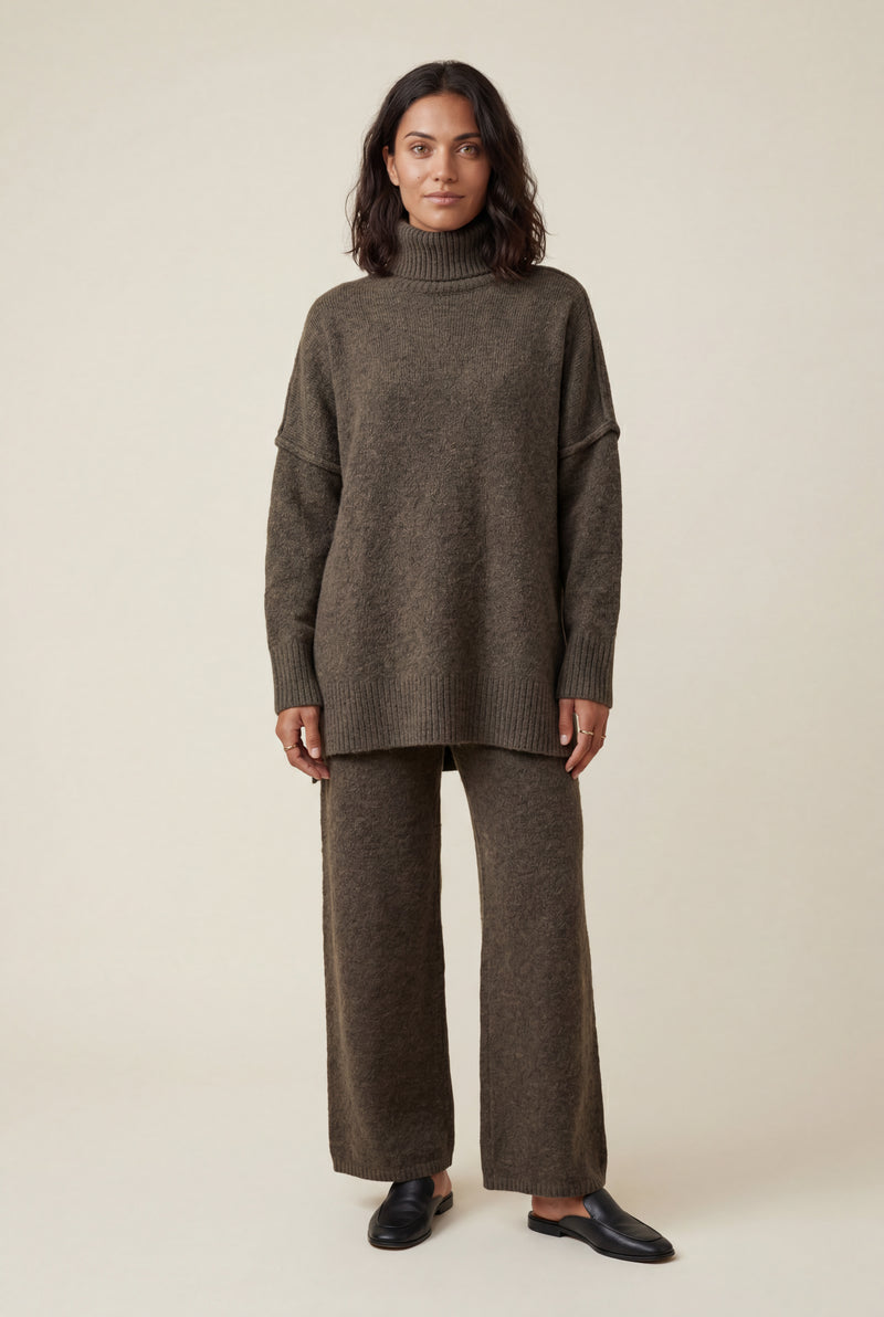 Dark Brown Oversized Turtleneck Relaxed Lounge Set with Wide-leg Pants - Photo 2
