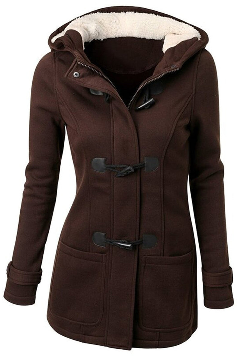 Plush-Lined Hood Duffle Coat in Dark Brown — front view