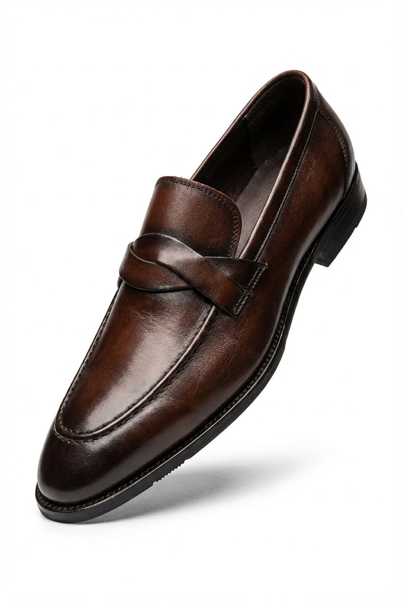 Dark Brown Polished Almond Toe Classic Penny Loafers - Photo 1