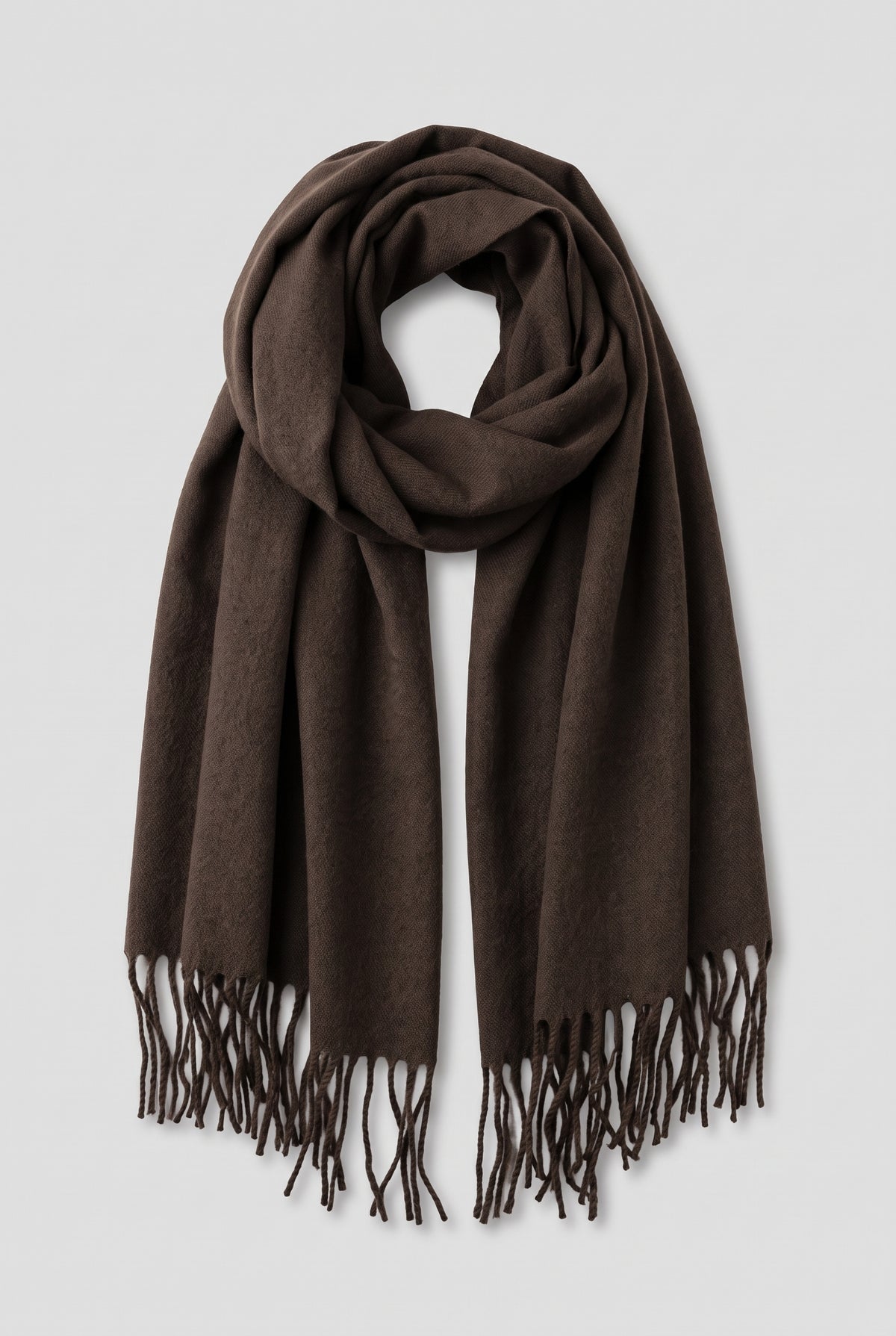 Scarf Tassel Wrap in Dark Brown — studio front