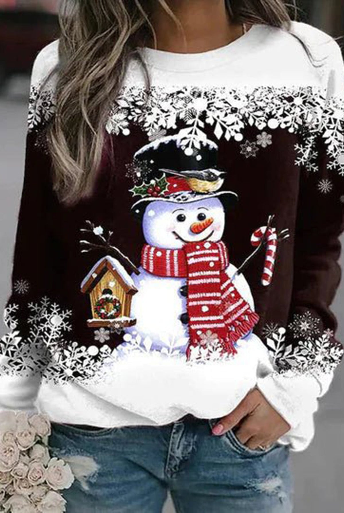 Snowman Graphic Sweater in Dark Brown — front view