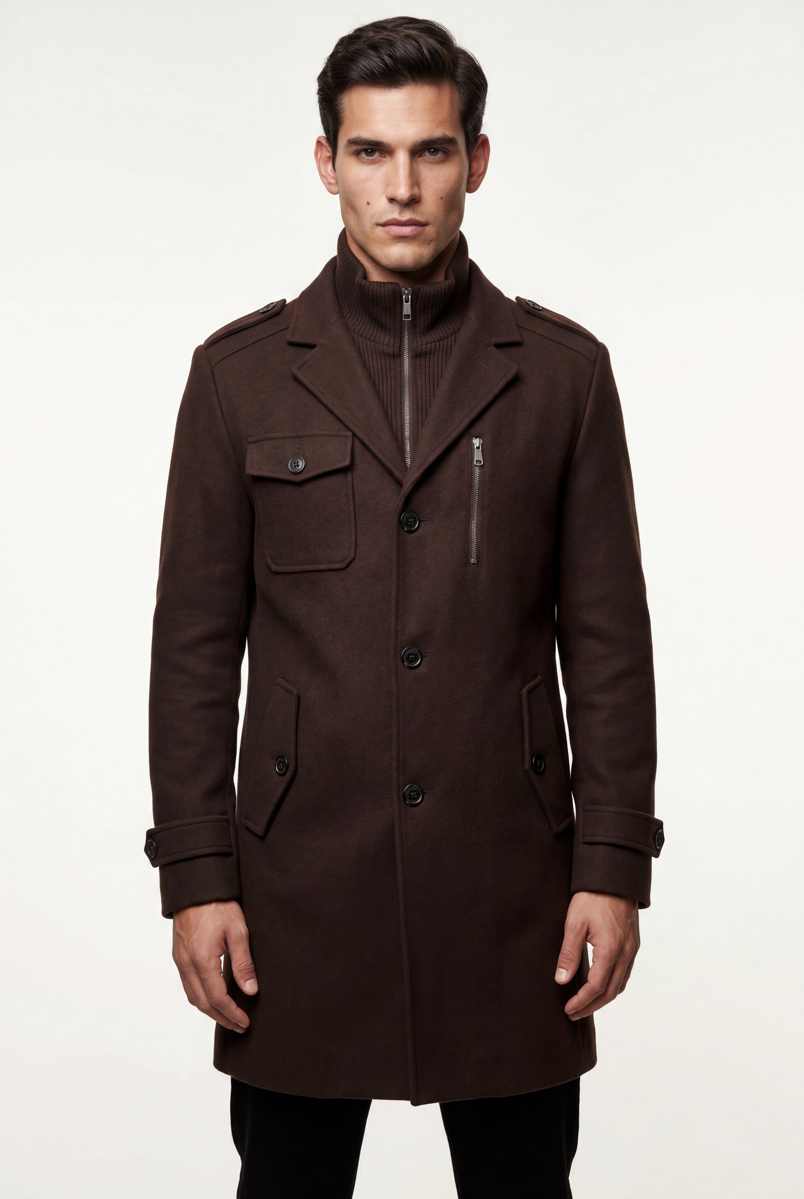 Dark Brown Stand Collar Slim Fit Winter Coat with Button Tab - Slim fit winter coats - Photo 12