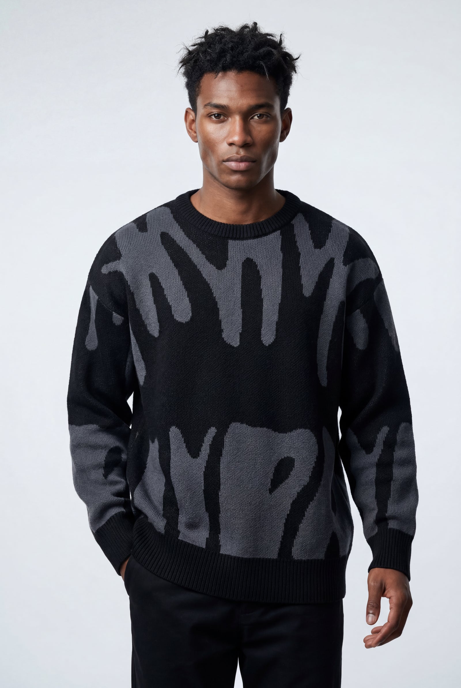 Dark Gray Abstract Intarsia Relaxed Crew Neck Jumper - Knitted jumper - Photo 7