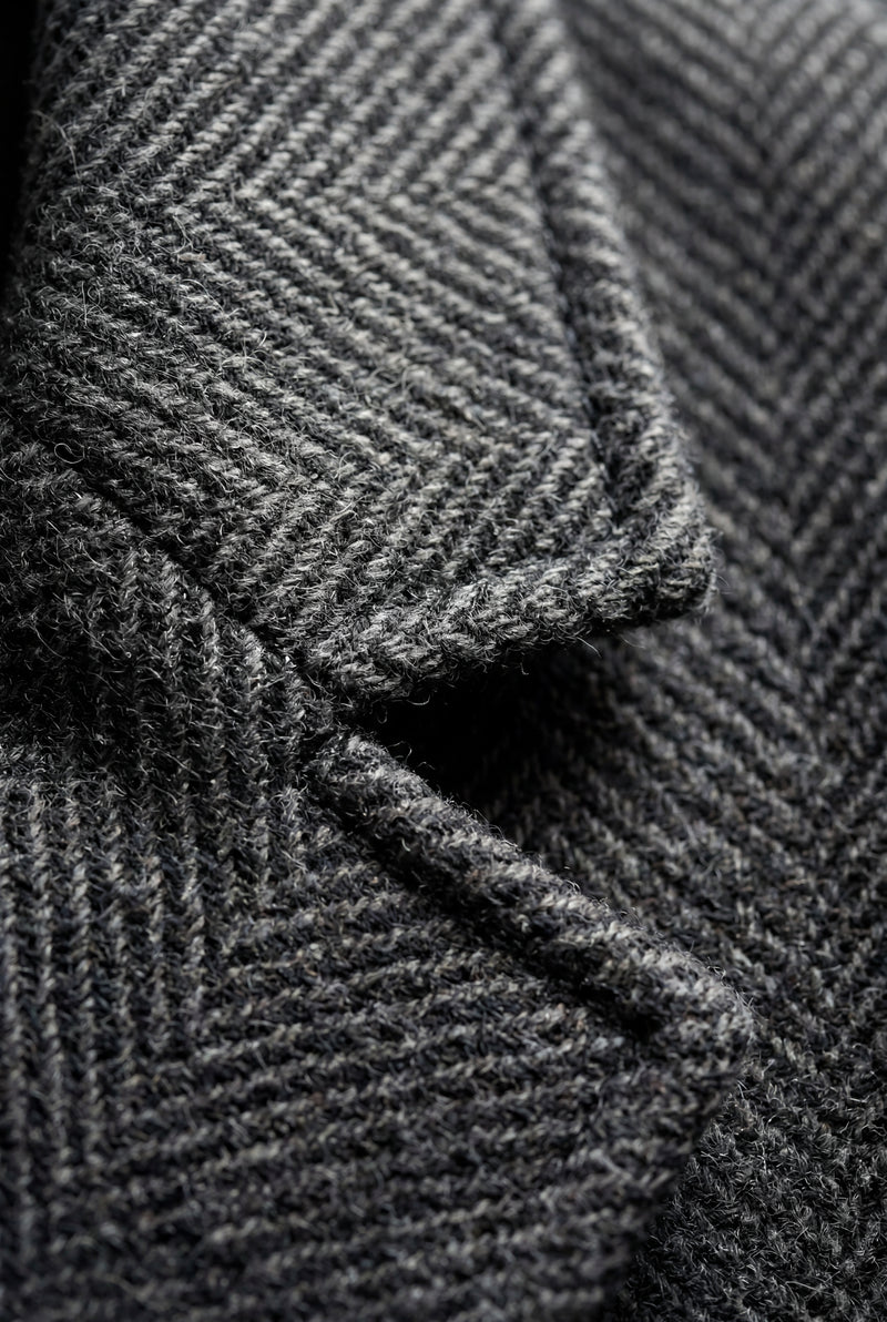 Dark Gray Charcoal Grey Herringbone Single-breasted Trench Coat - Photo 3