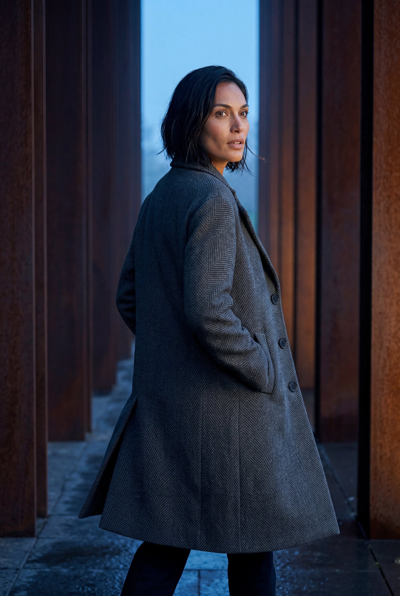 Dark Gray Charcoal Grey Herringbone Single-breasted Trench Coat - Photo 4