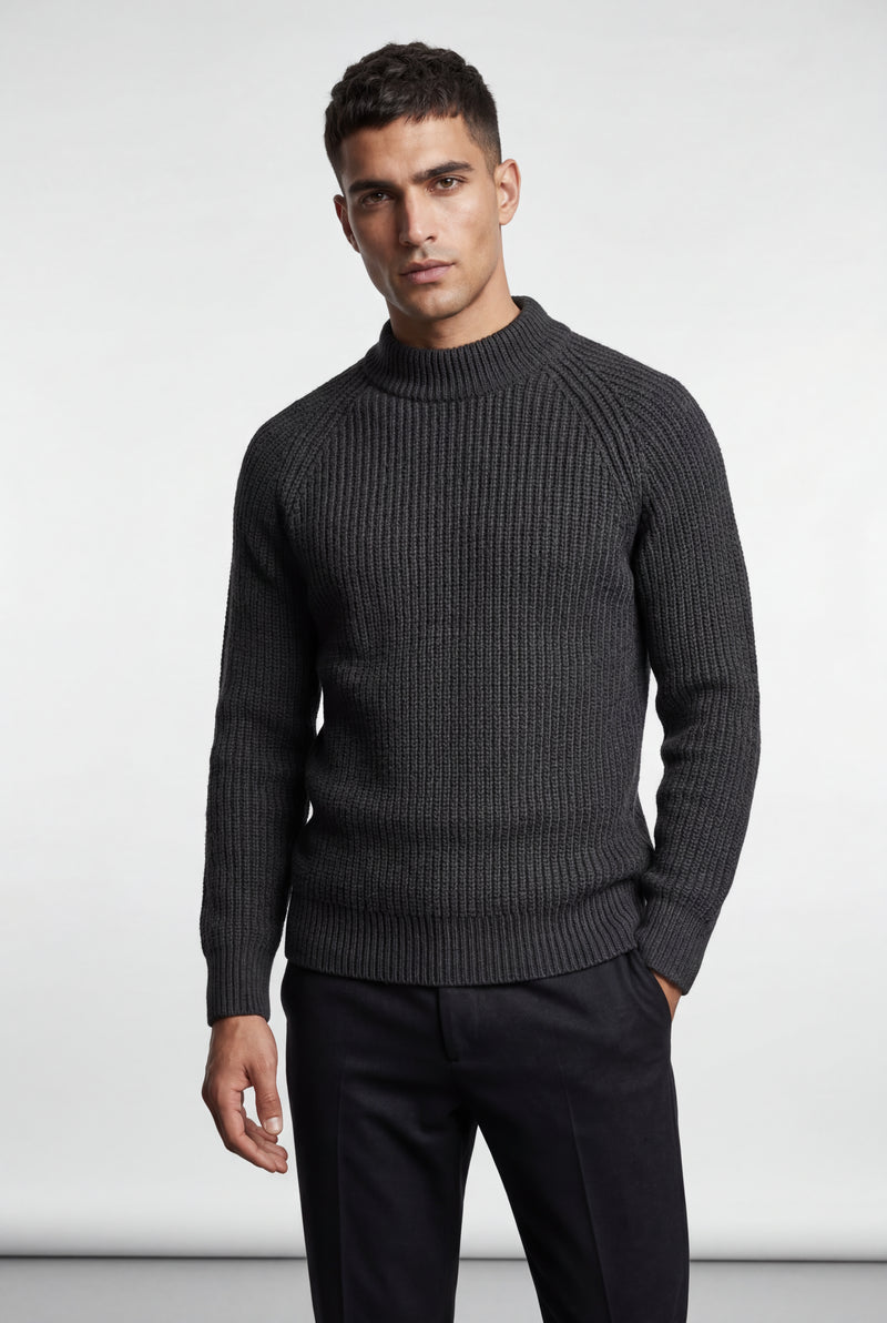 Dark Gray Chunky Ribbed Slim Fit Crewneck Sweater - Slim fit sweater - Photo 1