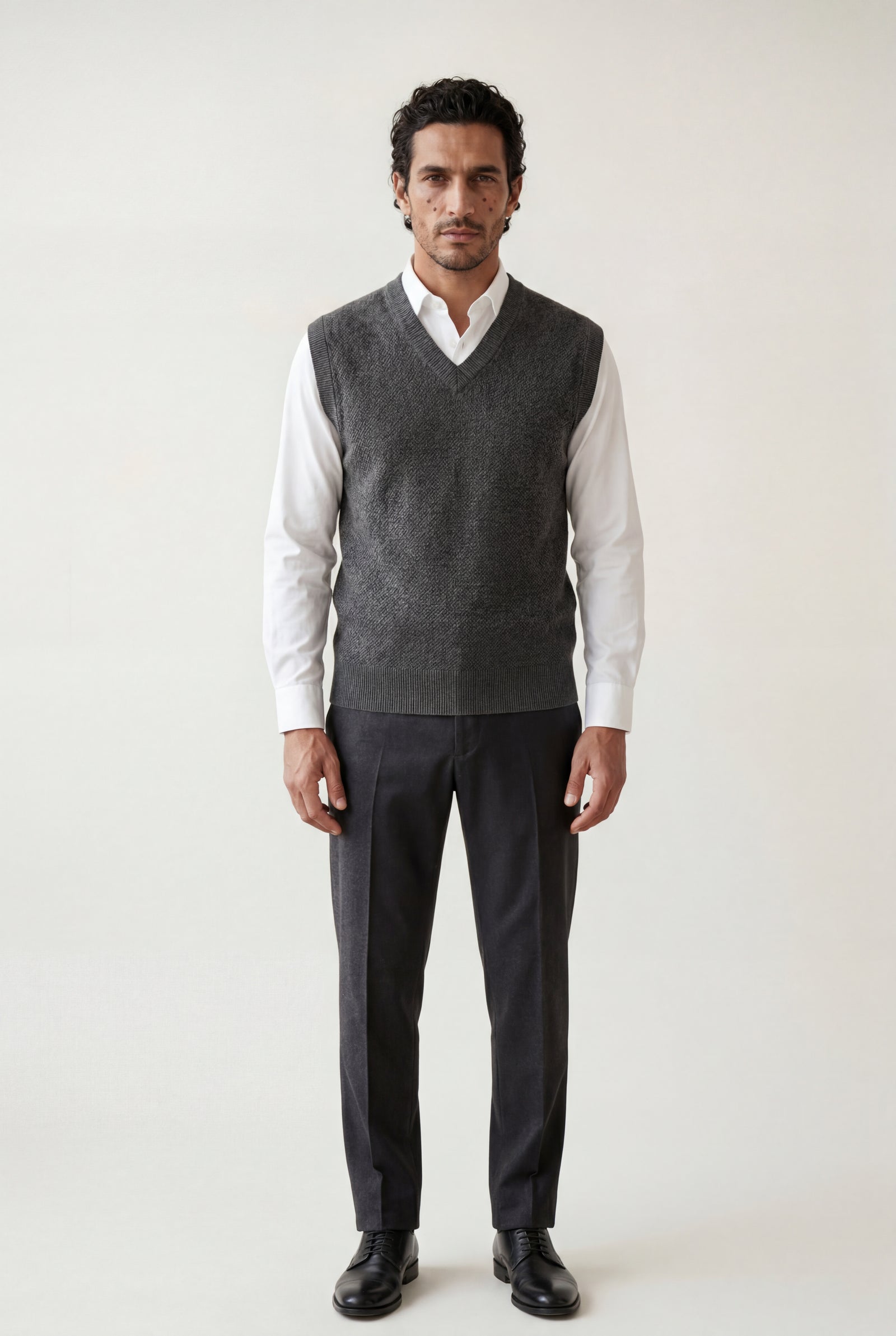 Dark Gray Classic V-neck Sweater Vest with Ribbed Hem - Vests - Photo 7