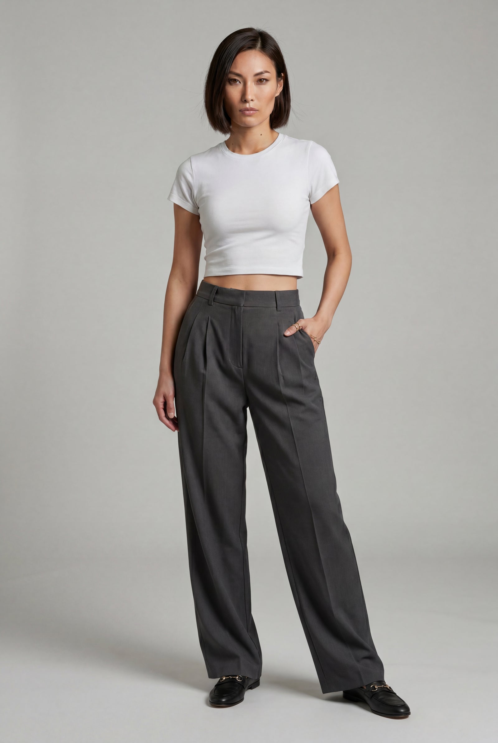 Dark Gray High-waisted Pleated Wide-leg Tailored Trousers - Wide leg trousers - Photo 14