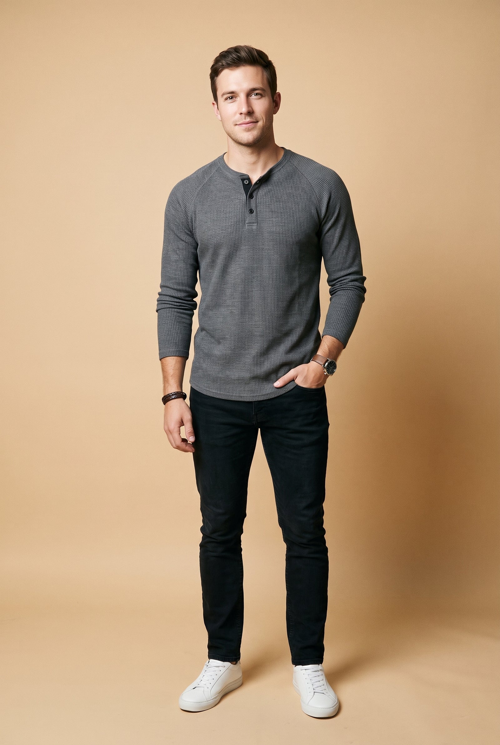 Men's Henley Shirt Long Sleeve Button Placket in Dark Gray — primary studio