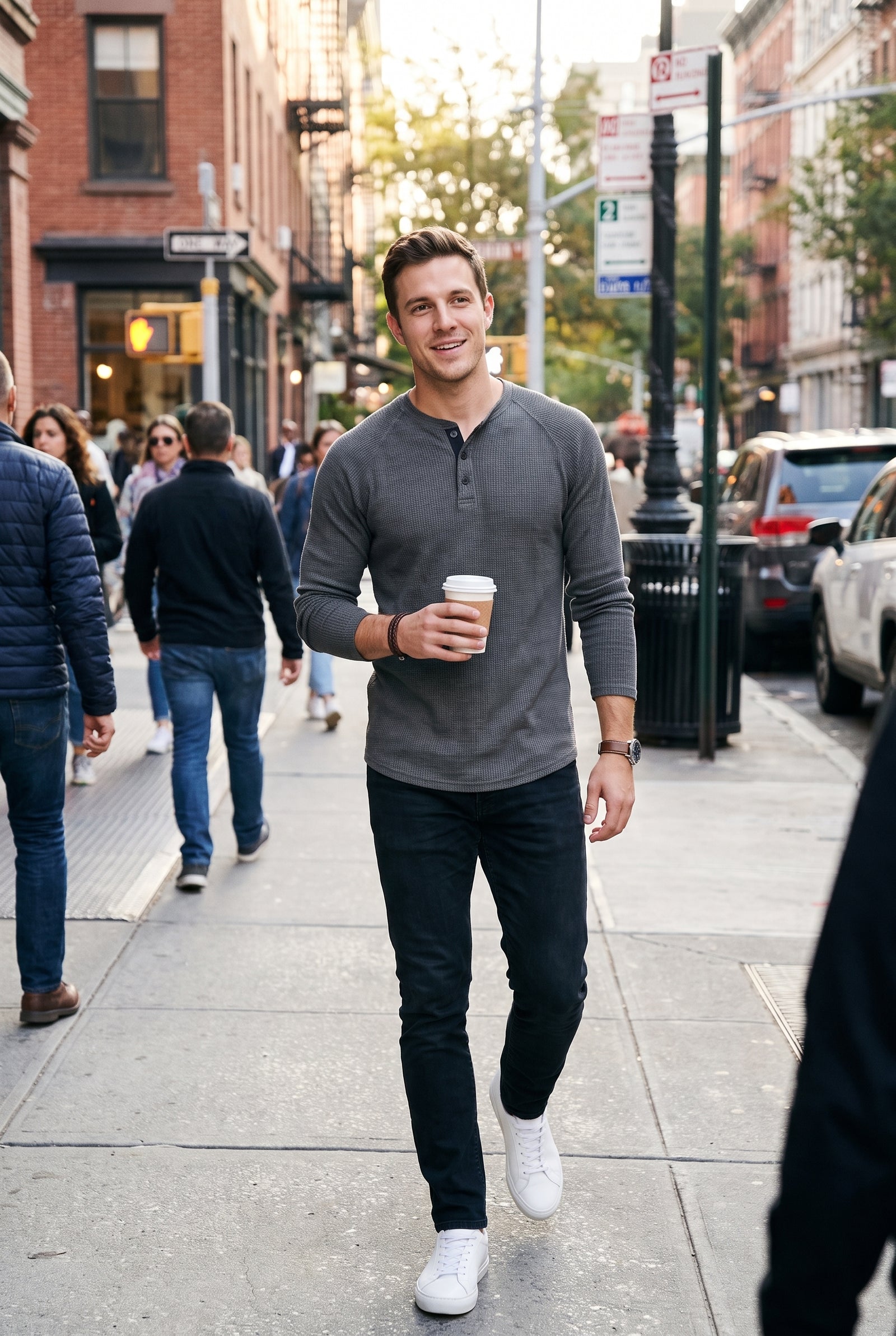 Men's Henley Shirt Long Sleeve Button Placket in Dark Gray — secondary lifestyle