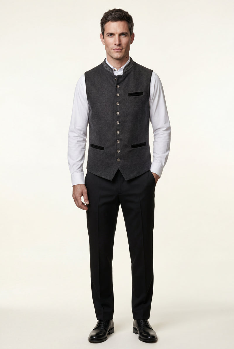 Dark Gray Men's Charcoal Embroidered Stand Collar Buttoned Vest - Mens vests - Photo 1