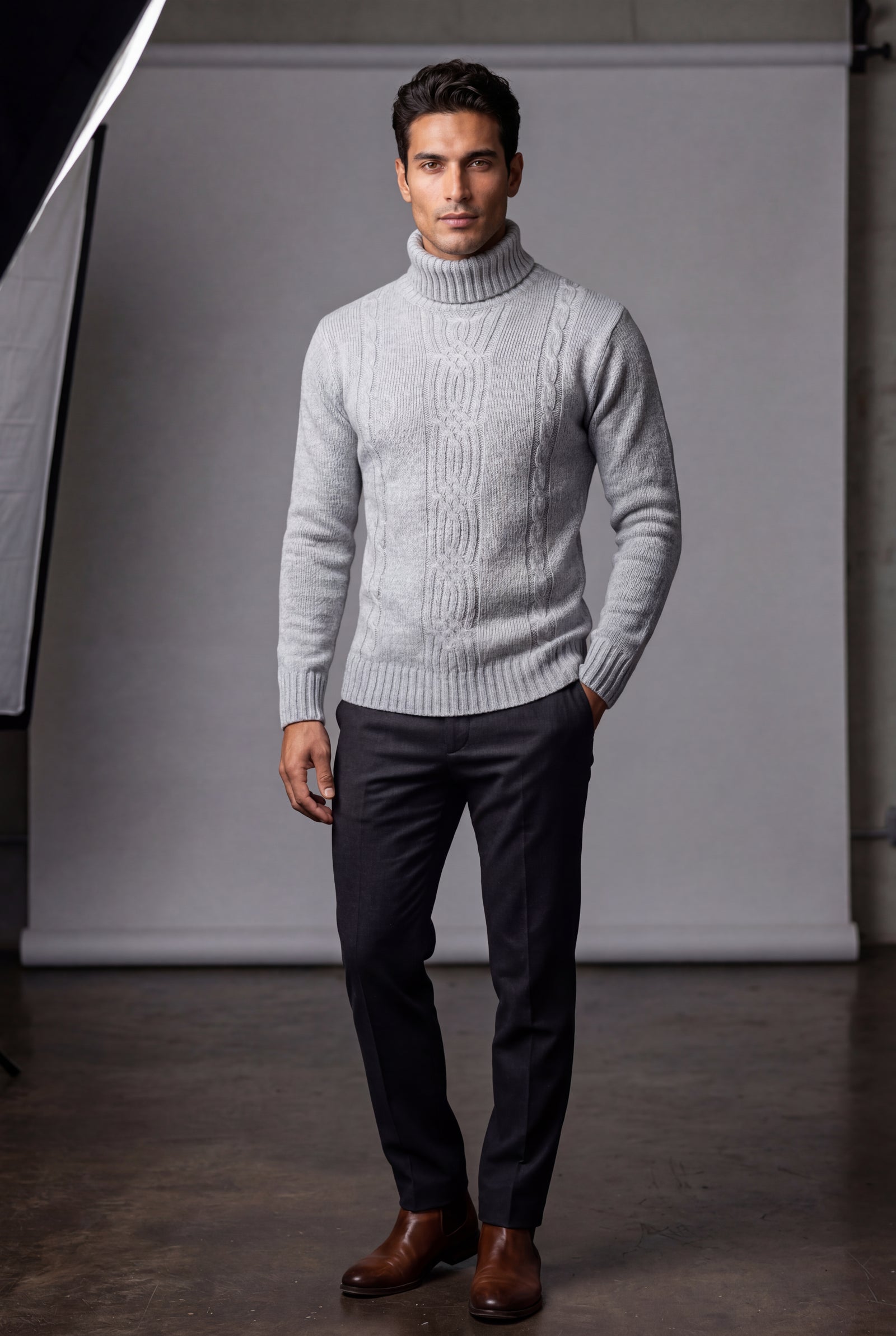 Gray Men's Chunky Cable Turtleneck Sweater - Photo 2